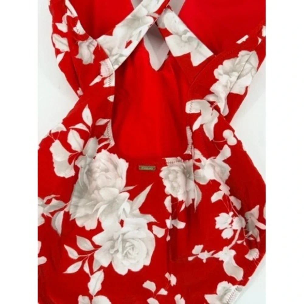 L'AGENCE Lisa Ikebana Floral Belted One Piece Swimsuit Red M - Picture 13 of 16